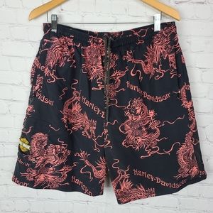 Harley-Davidson Swim Shorts. Black with pink dragons. Mens Sz L.